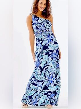 Lilly Pulitzer Malia Maxi Dress High Tide Ready Set Gecko Size XXS one shoulder